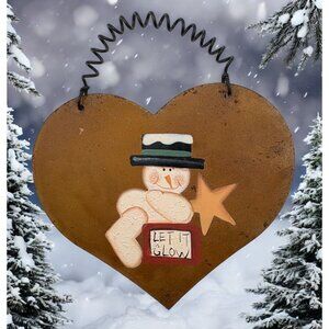 Rustic Metal Heart Christmas Ornament Snowman Let It Glow Vintage Folk Art